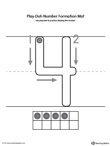 Play-Doh number formation printable mat. Featuring number four. Preschool and kindergarten teaching resources.
