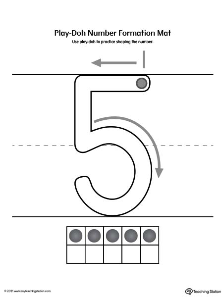 Play-Doh number formation printable mat. Featuring number five. Preschool and kindergarten teaching resources.