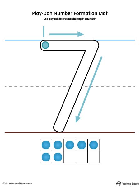 Play-Doh number formation printable mat. Featuring number seven. Preschool and kindergarten teaching resources. Available in color.