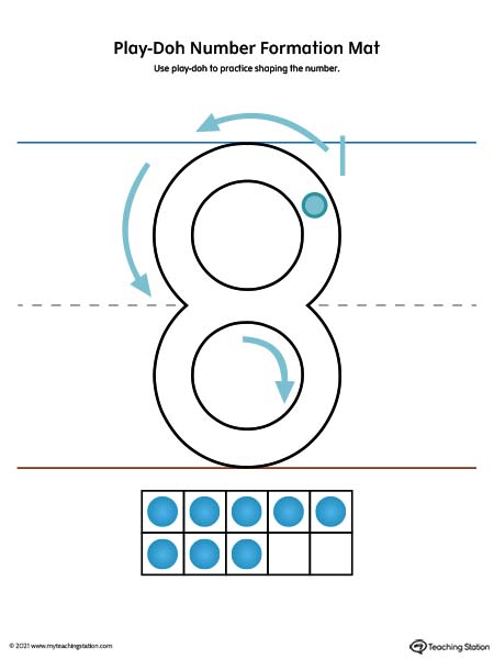 Play-Doh number formation printable mat. Featuring number eight. Preschool and kindergarten teaching resources. Available in color.