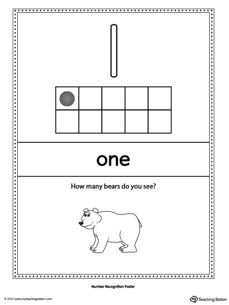 Large number poster with ten-frame. Each poster has a different representation for the number, number word, and ten frame illustration. Includes: Number One Poster.