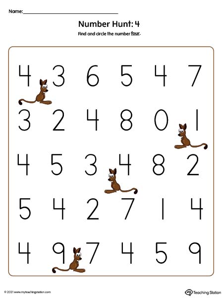 Number Recognition Worksheet: Find and Circle Number 4 (Color)