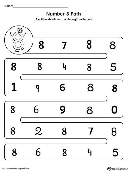 Practice the different forms of the number 8 with this printable worksheet.
