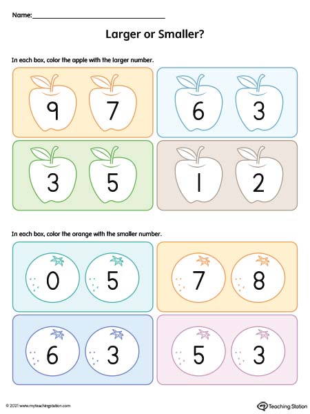 Smaller and Larger Number Comparison Worksheet: 1-9 (Color)