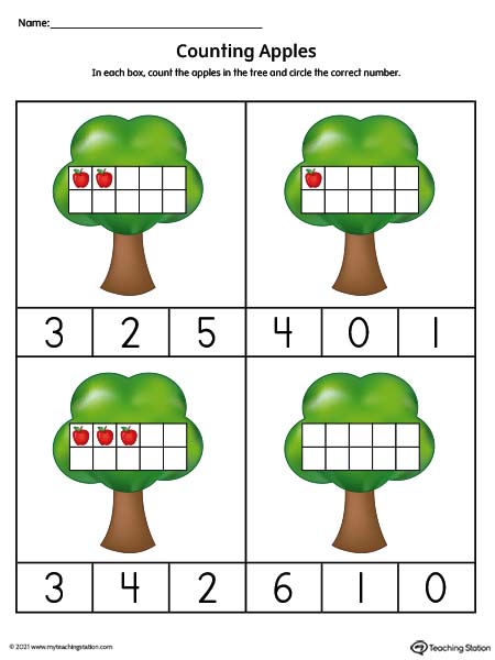 Ten frame counting numbers 1-10 printable worksheet. Available in color.