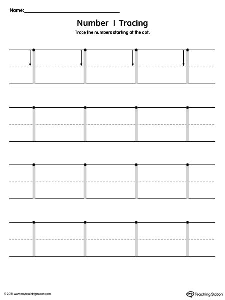 Traceable number 1 printing mat for preschool and kindergarden.