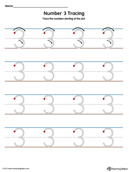 Traceable number 3 printing mat for preschool and kindergarden. Available in color.