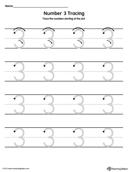 Traceable number 3 printing mat for preschool and kindergarden.