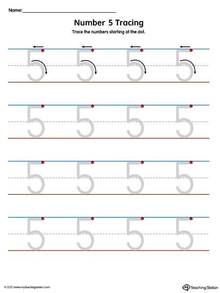 Traceable number 5 printing mat for preschool and kindergarden. Available in color.