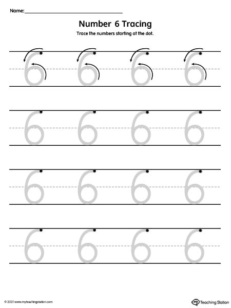 Traceable number 6 printing mat for preschool and kindergarden.