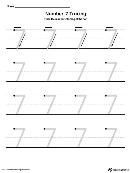 Traceable number 7 printing mat for preschool and kindergarden.