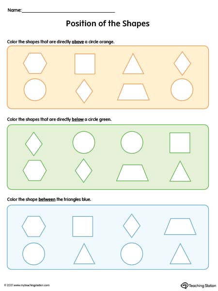 Kindergarten worksheets for words describing positions.