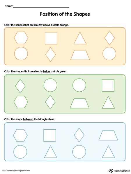 Kindergarten worksheets for words describing positions.