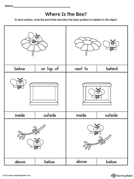 Positional Words Worksheet: On Top Of, Next To, Behind, Inside, Outside, Above, Below