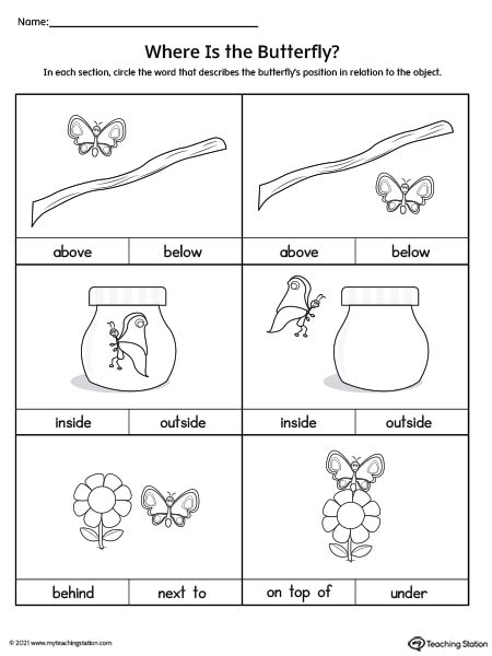 Practice the position of objects with this kindergarten positional word worksheet. Kids will use words to describe the position of the butterfly. Positional words included are: "above", "below", "inside", "outside","behind", "next to", "under", and "on top of".