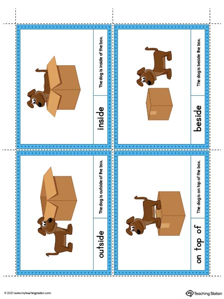 Positional Language Word Cards for Preschoolers. Perfect for teaching kids the most common positional words. Words included: outside, inside, on top of, and beside.