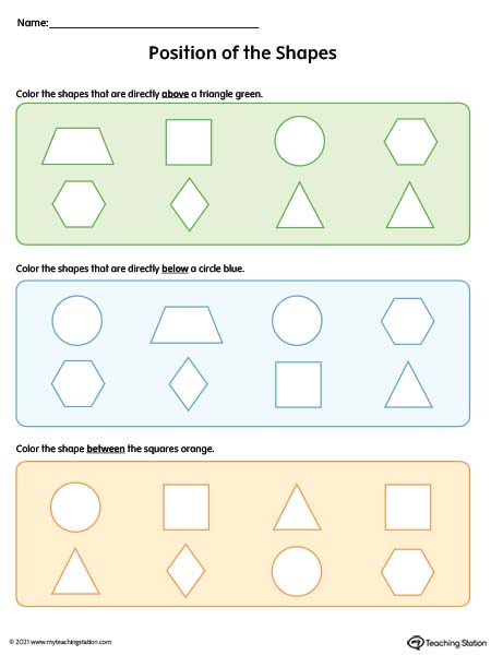 Preschool positional words printable worksheet. Words included: above, below, and between.