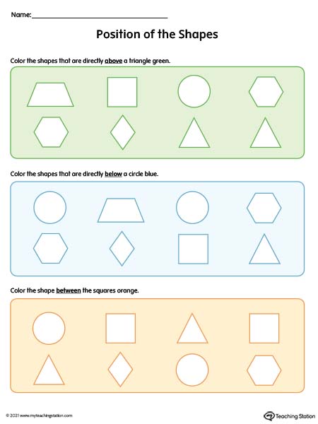 Preschool positional words printable worksheet. Words included: above, below, and between.