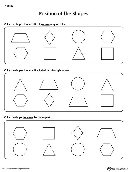 Kindergarten positional words worksheet. Help kids learn the position of a shape compared to another shape. Words included: above, below, and between.