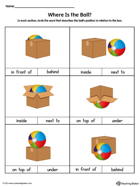 Help your preschooler practice positional words with this printable worksheet. Positional words included in this activity are: "in front of”, "behind", "inside”, "next to","on top of”, and "under”.