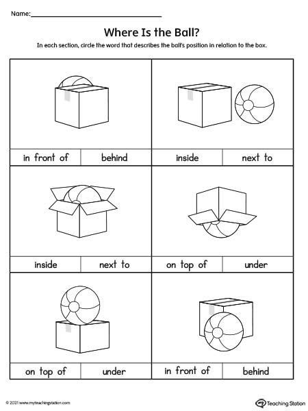 Positional Words Worksheet: In Front Of, Behind, Inside, Next To, On Top Of, Under
