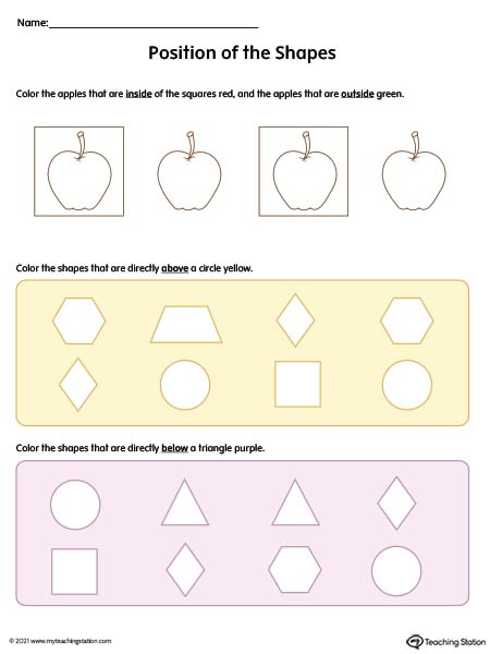 Simple positional words worksheet. Words included: inside, above, and below.