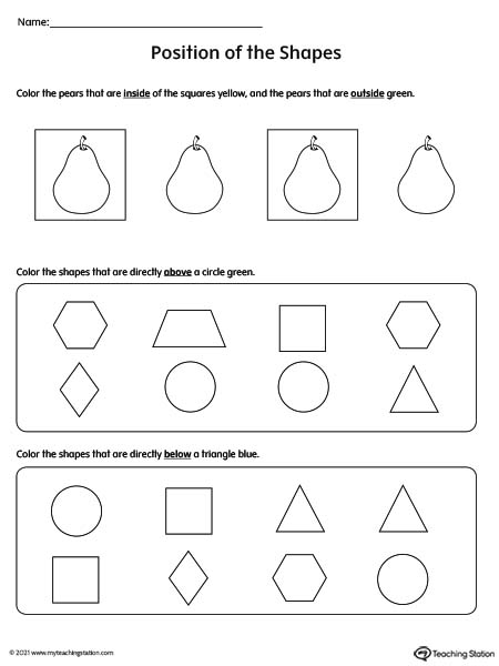 Positional words activity for preschoolers and kindergarteners. Learn the position of an object with this printable activity. Words included: inside, outside, above, and below.