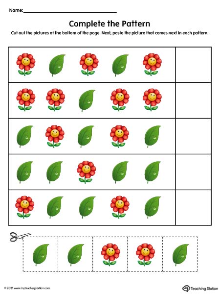 Complete the pattern in this cut and paste preschool activity. Available in color.