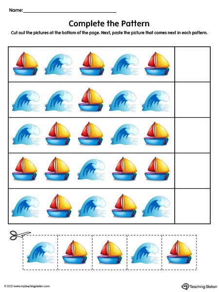 Preschool cut and paste pattern activity. Available in color.