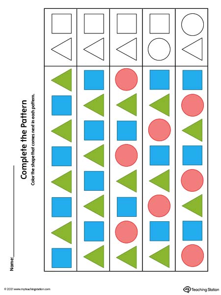 Complete the repeating pattern worksheets for preschoolers. Available in color.