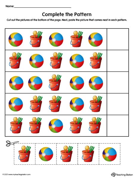 Complete the pattern worksheets for preschool and kindergarten.