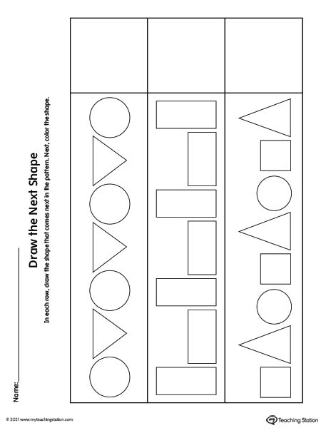 Preschool pattern worksheet: Drawing the next shape in the pattern.