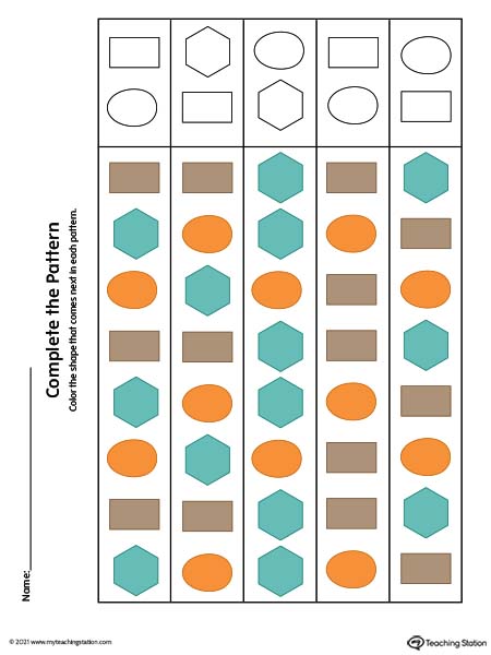 Pre-K complete the pattern worksheet. Available in color.