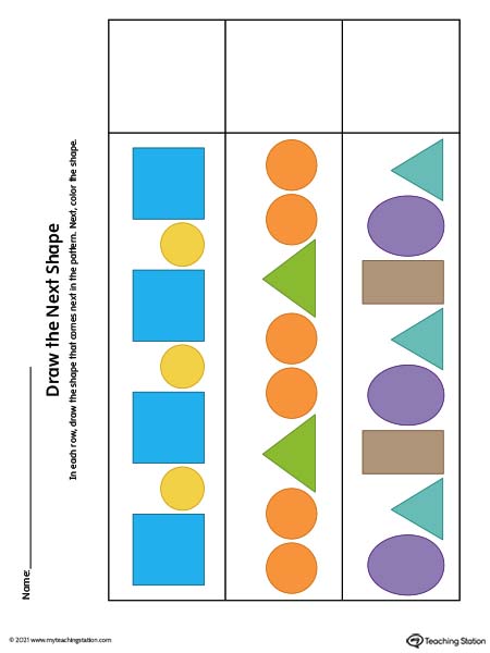 Pre-K printable worksheet: What comes next in the pattern? Available in color.