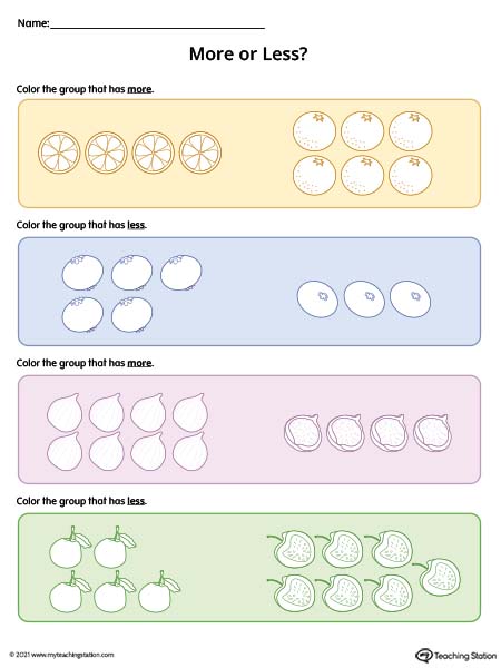 More or less worksheets with pictures. Available in color.