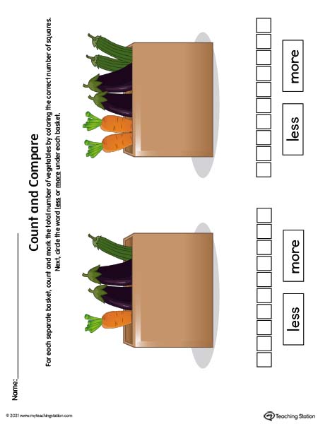 Compare more or less printable worksheet for pre-k and kindergarten. Available in color.