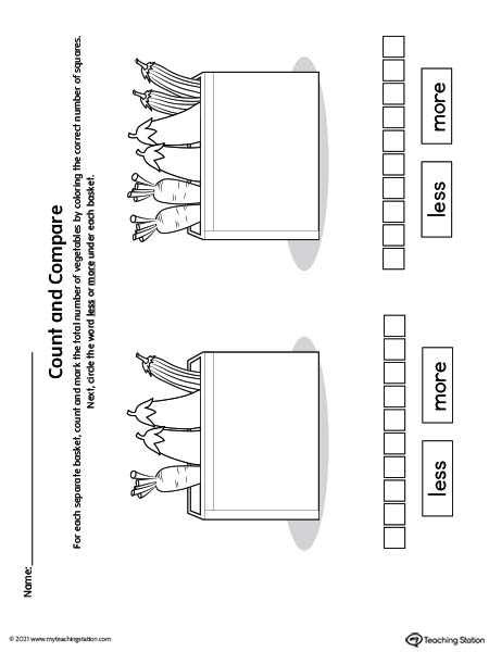 Compare more or less printable worksheet for pre-k and kindergarten.