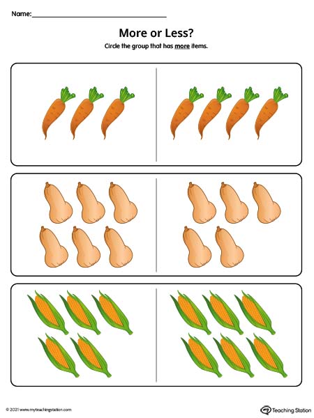 More vs less printable worksheets. Practice comparing quantities and identifying which group has more and which group has less in this preschool printable. Available in color.