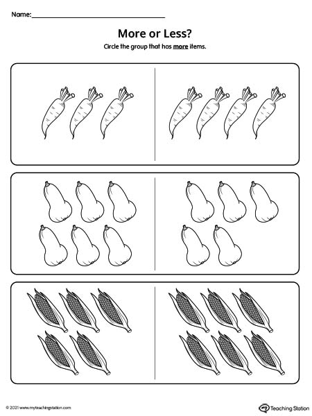 More vs less printable worksheets. Practice comparing quantities and identifying which group has more and which group has less in this preschool printable.