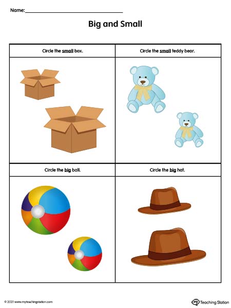 Preschool big or small printables. Identifying the object that is smaller or bigger than the other.