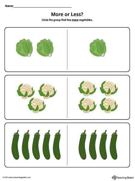 Comparing groups of more vs. less in this preschool worksheet. Available in color.