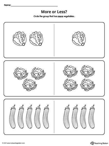 Comparing groups of more vs. less in this preschool worksheet.