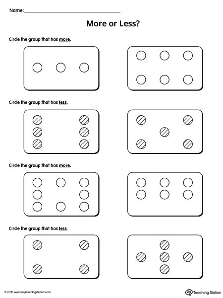 Help kids practice counting and identifying which group has more and which group has less in this printable worksheet.