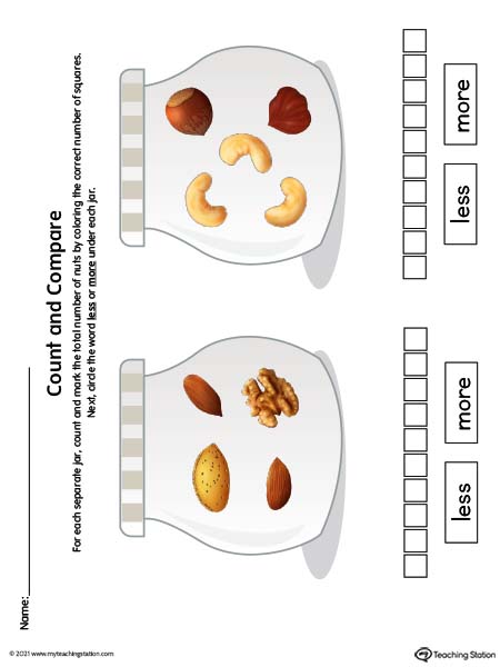 Count and compare quantities of more or less in this printable worksheet. Available in color.