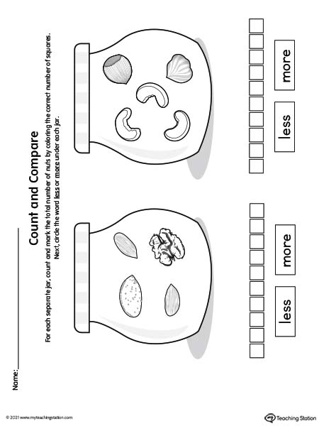 Count and compare quantities of more or less in this printable worksheet.