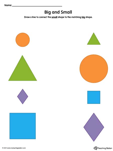 Preschool math big vs small worksheets. Identifying shape sizes and comparing which one is bigger or smaller than the other.