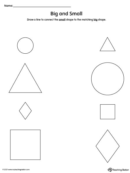 Preschool math big vs small worksheets. Identifying shape sizes and comparing which one is bigger or smaller than the other.