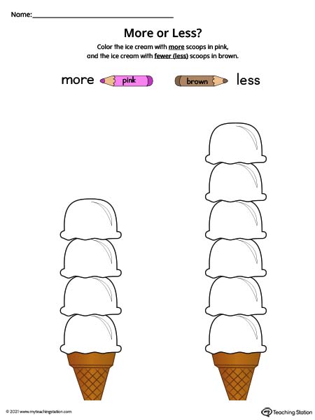 More or Less Worksheet: Ice Cream Scoops (Color)
