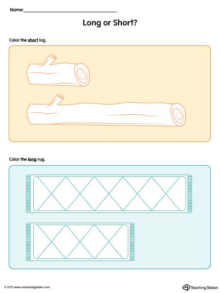 Preschool math long or short worksheet. Comparing object’s length in this preschool printable.