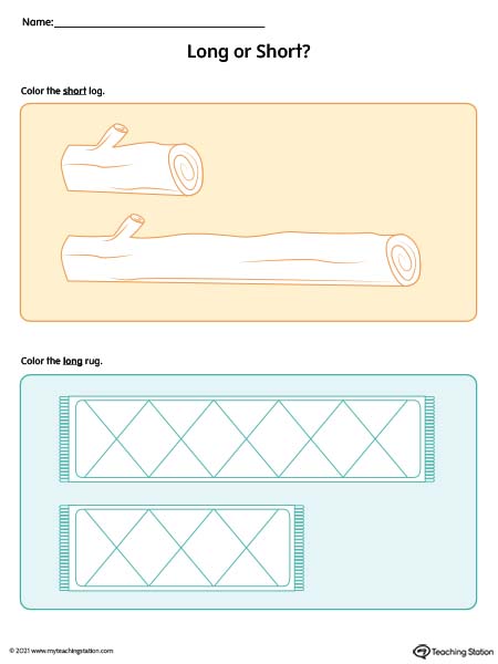 Preschool math long or short worksheet. Comparing object’s length in this preschool printable.